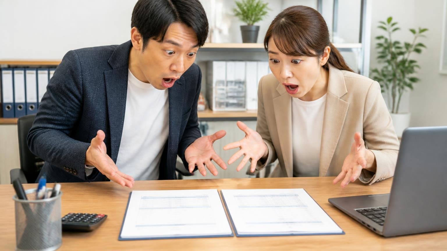 評判を調べても金額が妥当かは分からない 事務所の机 男女2人 2枚の見積書を並べ比べて驚く
