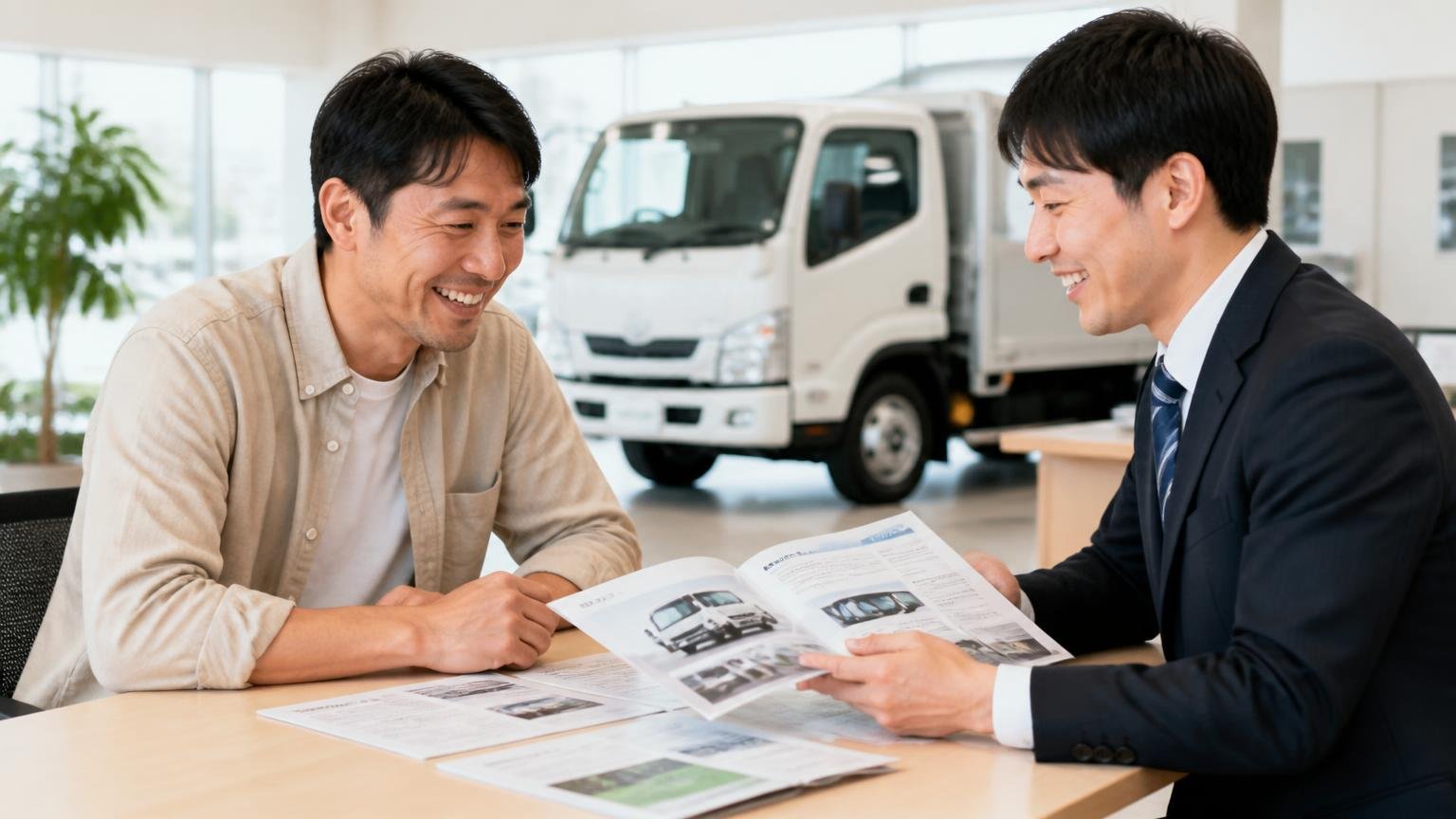 ディーラー下取りや一括査定が合う場合もある 販売店の商談テーブルで、男性1人が担当者1人と新しいトラックの資料を見て笑顔