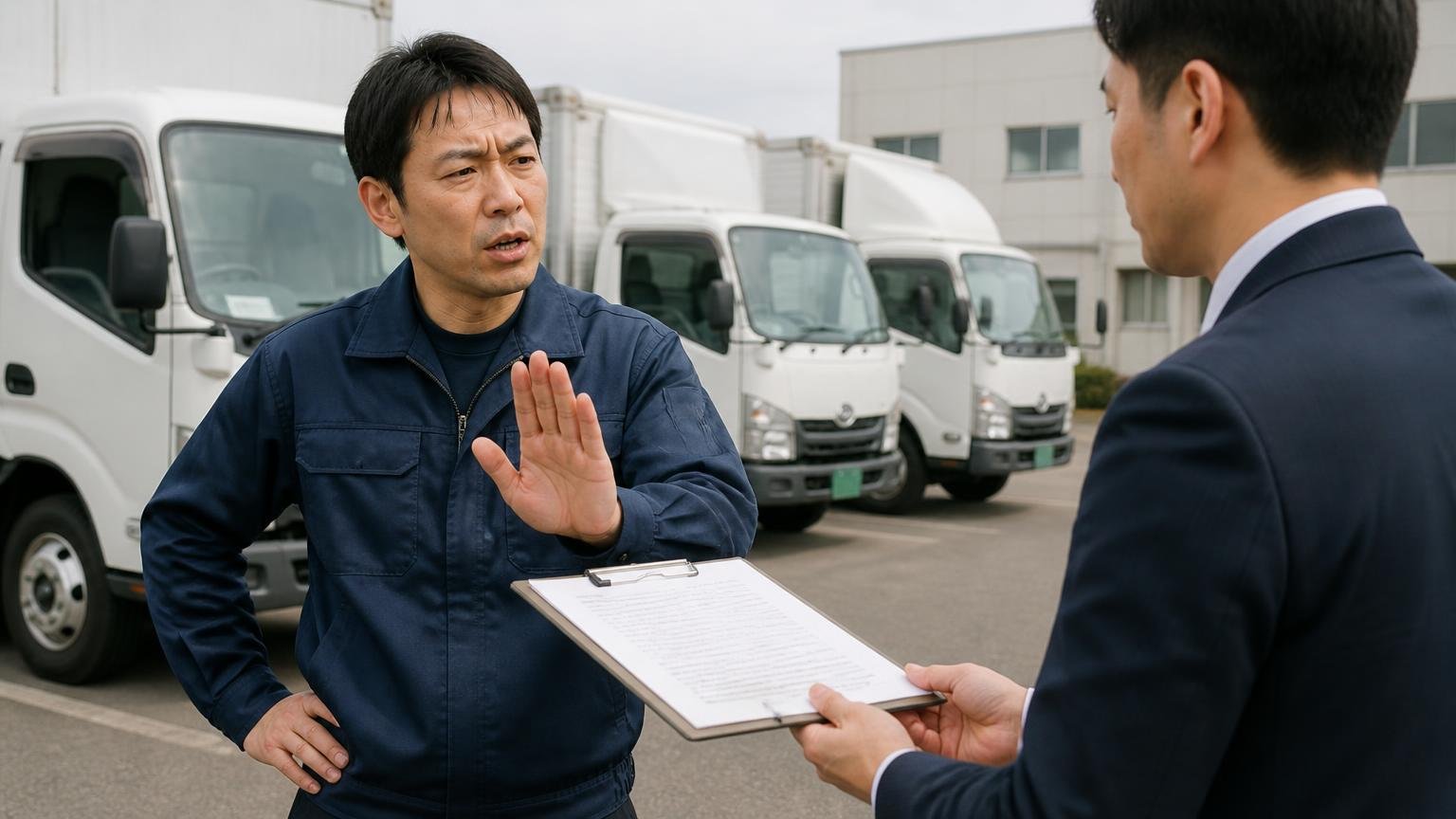 減額の条件とキャンセル料は「査定の場で契約しない」で守る。営業所の駐車場で契約書を差し出す査定員に対し手のひらを向けて一度持ち帰ると伝える運送会社の男性1人