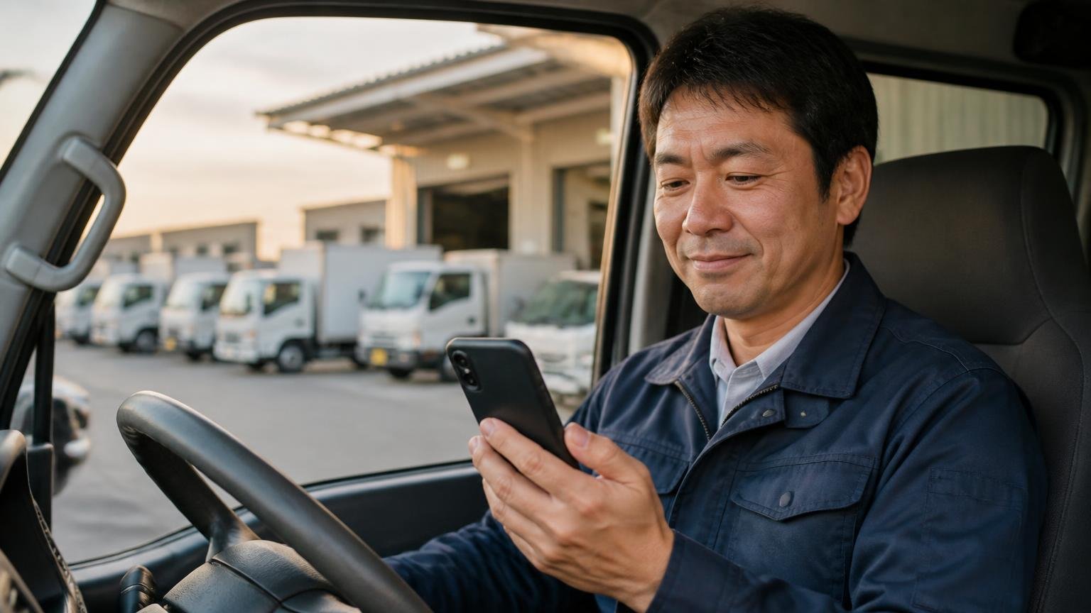 営業電話への対策、配送を終えた夕方の車庫で運転席に座りスマホのメール画面を確認して安心した表情の男性ドライバー1人