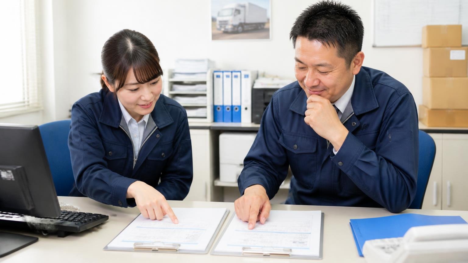 どちらの人も「比べる相手」が要る理由。事務所の机に2枚の査定書を並べて見比べる運送会社の事務担当と査定士の2人、納得した表情