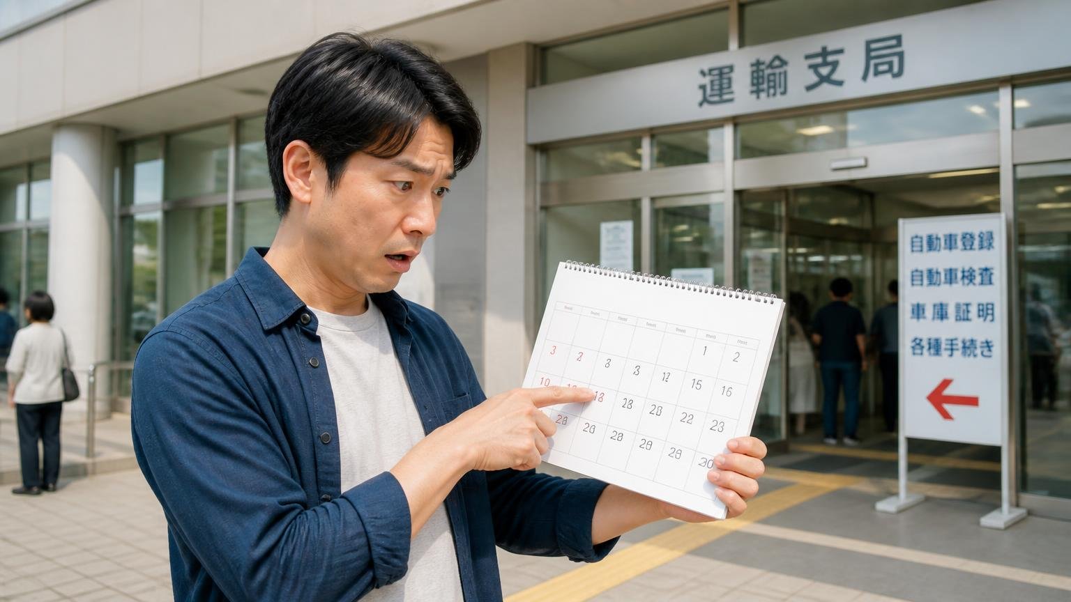 ③名義変更の完了予定日｜法律上は所有者が変わった日から15日以内 運輸支局の窓口前でカレンダーを見る男性1人が確認する