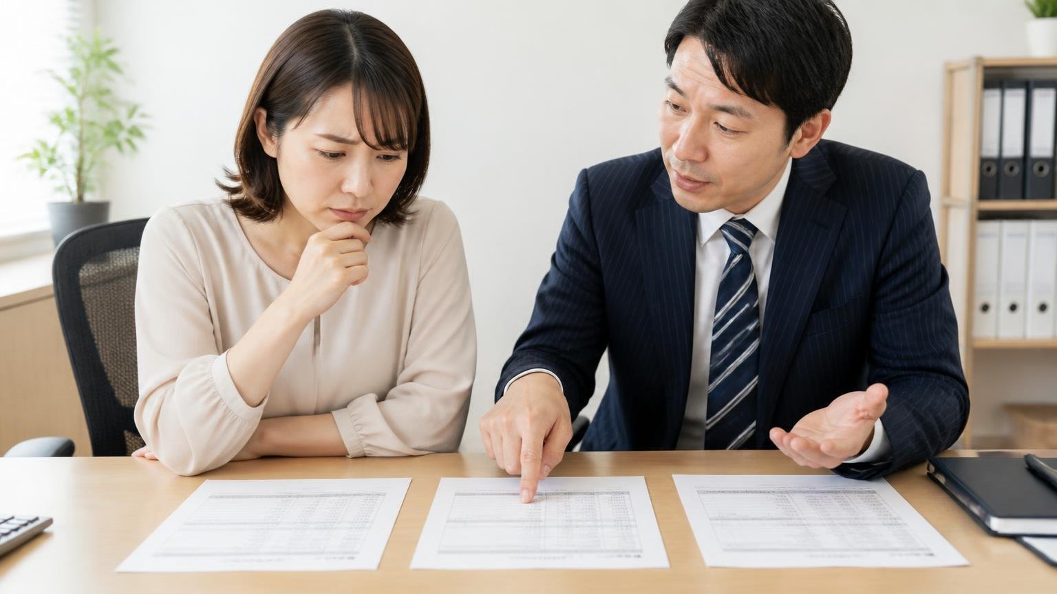 候補に残したまま比べる相手を1〜2社用意する|事務所の机で3社の見積書を横に並べる30代女性1人と助言する40代男性1人