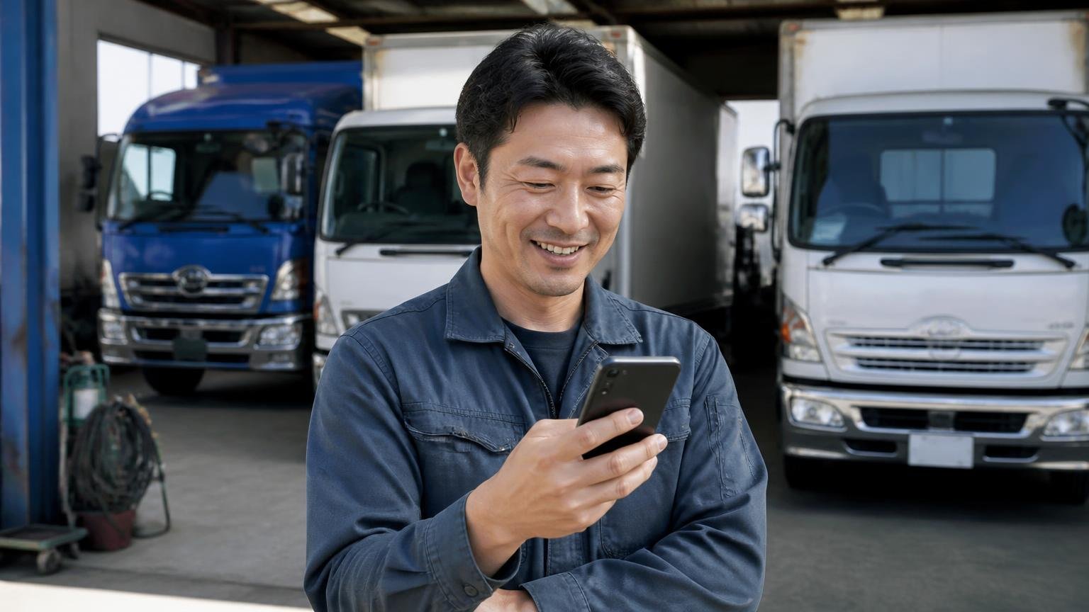江口車輌販売の査定額が妥当か確かめたい人が比較相手に選んでいる全国対応のトラック買取業者3選。車庫でスマホを見て笑顔の男性1人