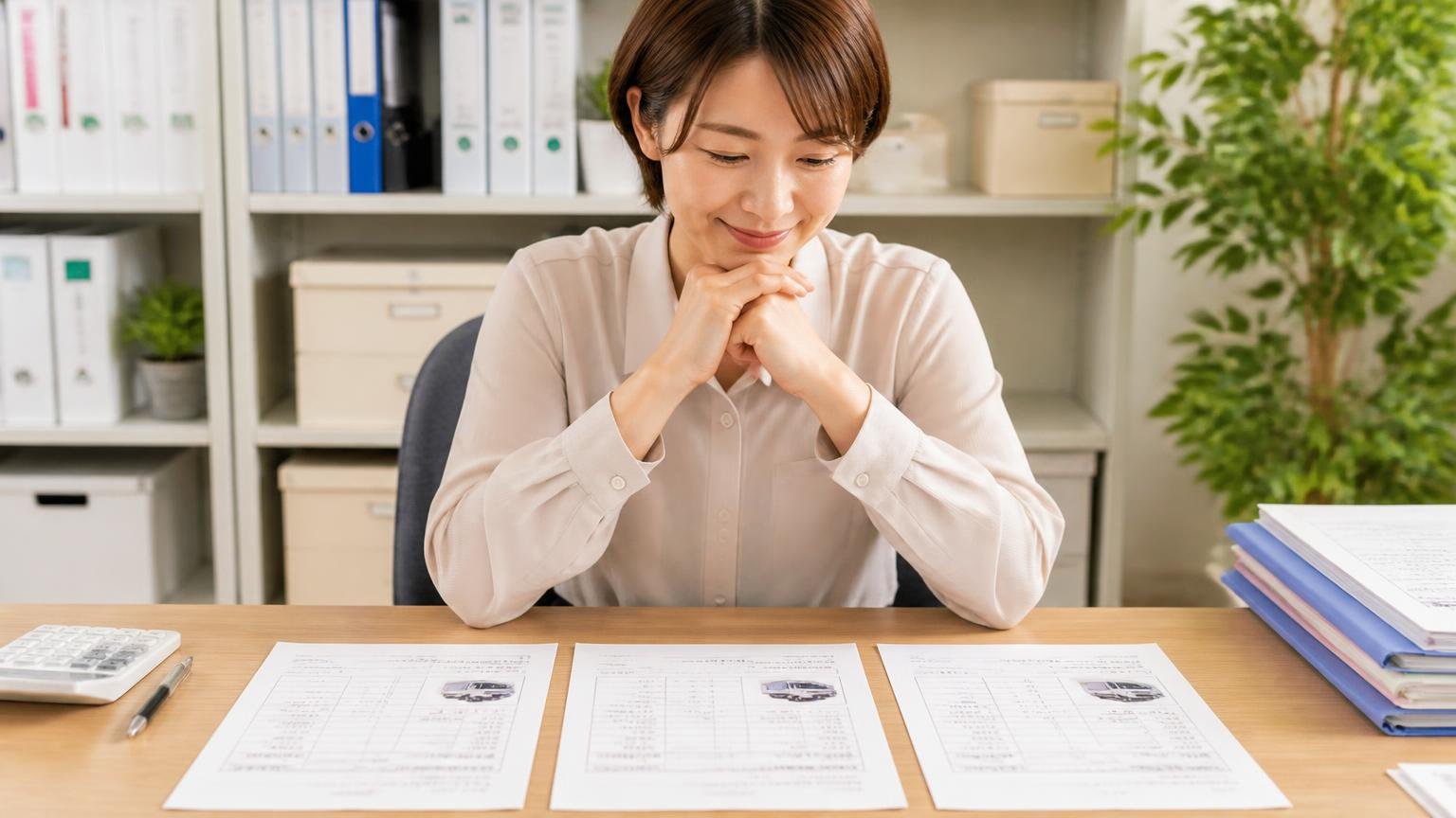 中予自動車の査定額が妥当か確かめたい人が比較相手に選んでいるトラック買取業者3選 事務所で見積書3枚を並べる事務担当1人が納得の表情