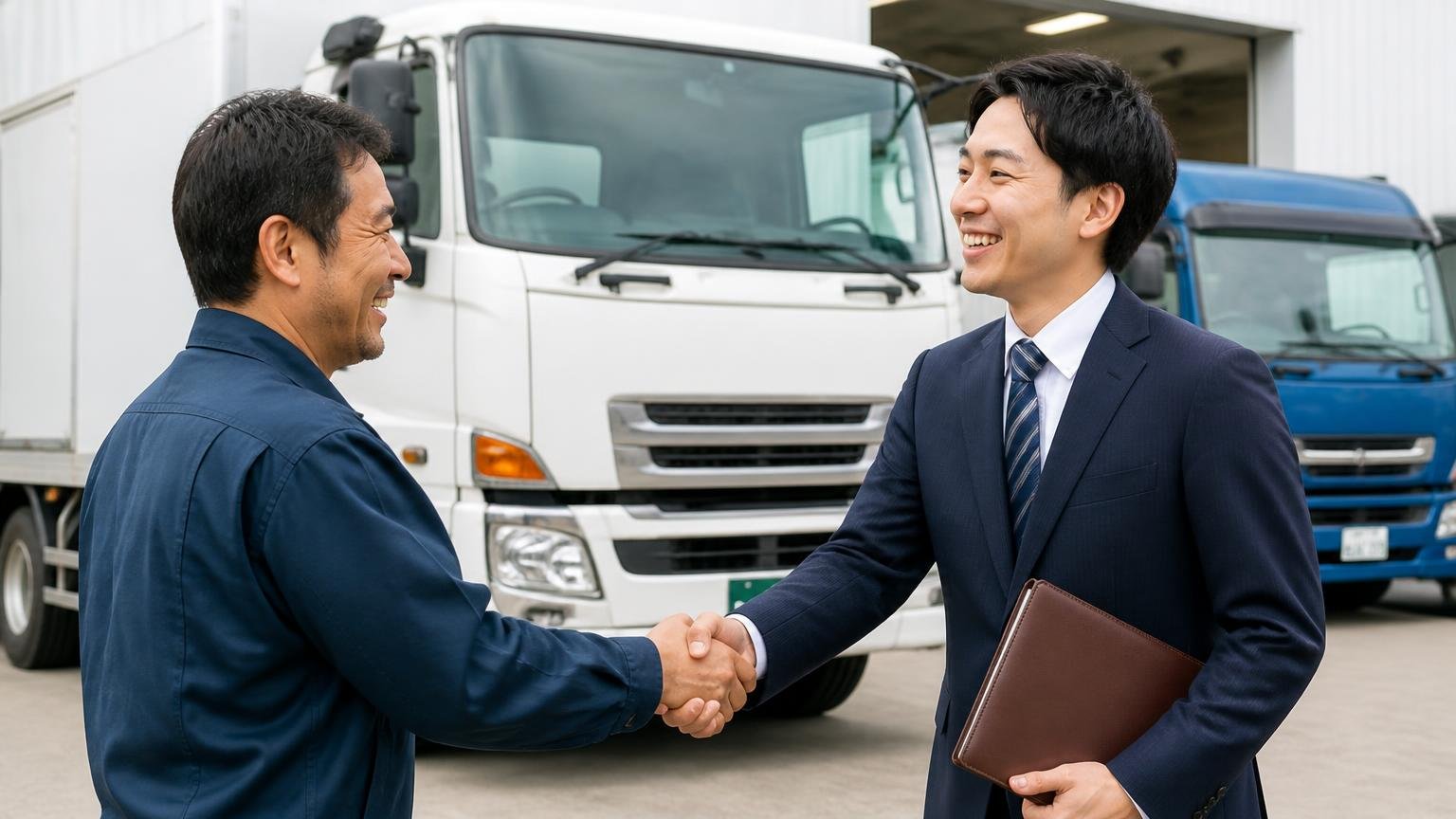 根津自動車工業の見積もりと並べる「2社目」に選びたい、出張査定と書類代行が無料のトラック買取業者、車庫で出張査定員を迎える男性、笑顔