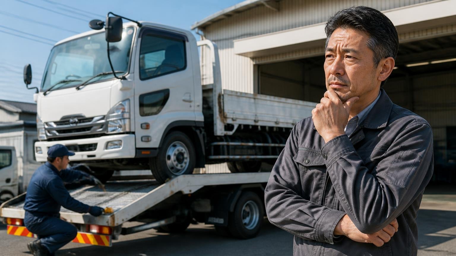 「買取」と「リースバック」は別物。トラックを手放すかどうかで選ぶ 車庫の前で積車に載る直前のトラックを見送りながら迷う表情の50代経営者