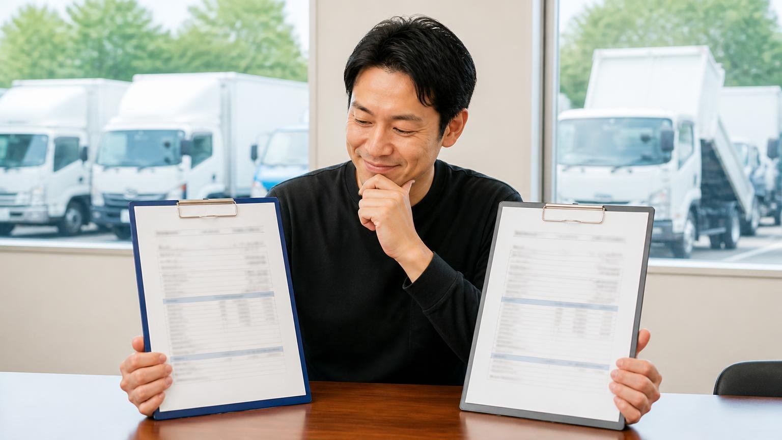 イイノの査定額を横に並べる相手に選ばれている、全国対応で出張査定と書類代行が無料のトラック買取業者3選｜営業所で2枚の見積書を並べる男性1人が納得の表情