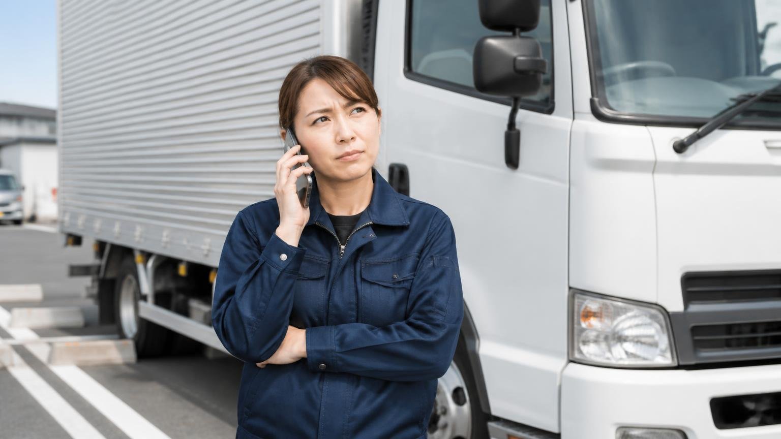 査定を断るときの伝え方を考える場面 営業所の駐車場でトラックの横に立ち電話をかける女性1人