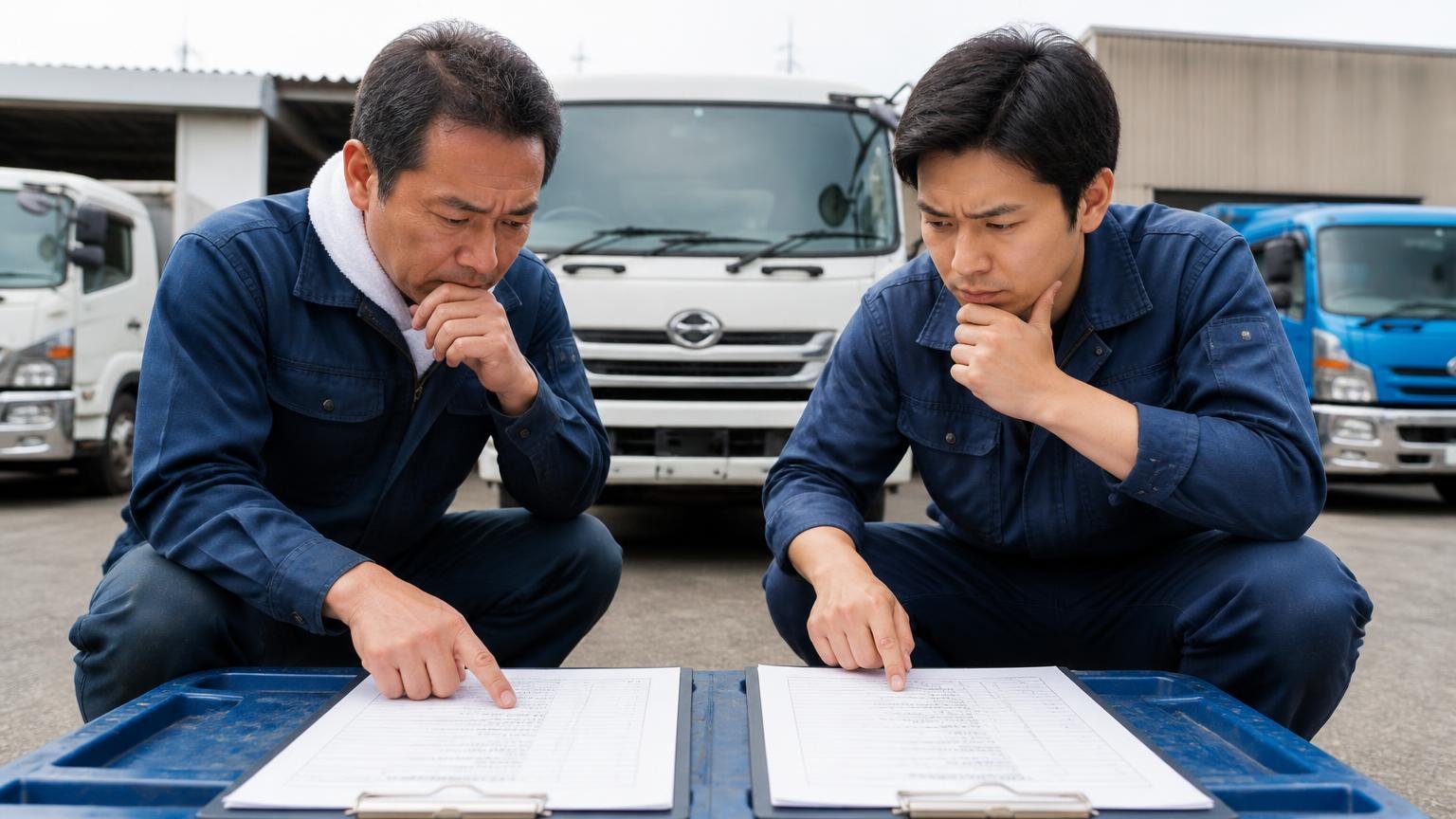 希望価格の欄を埋める前に金額を1〜2社分そろえておく。営業所の車庫でトラックの前に見積書を2枚並べて見比べる男性2人の場面