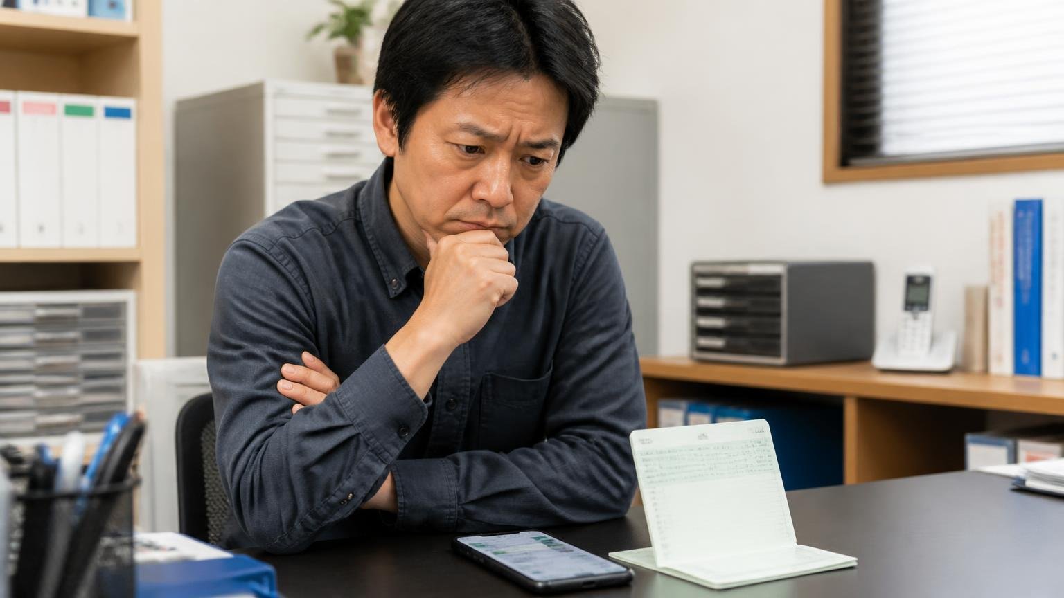 支払いは車両と書類を渡したあとの口座振込／事務所で通帳とスマホの振込画面を確認する男性1人／腕を組んで考え込む