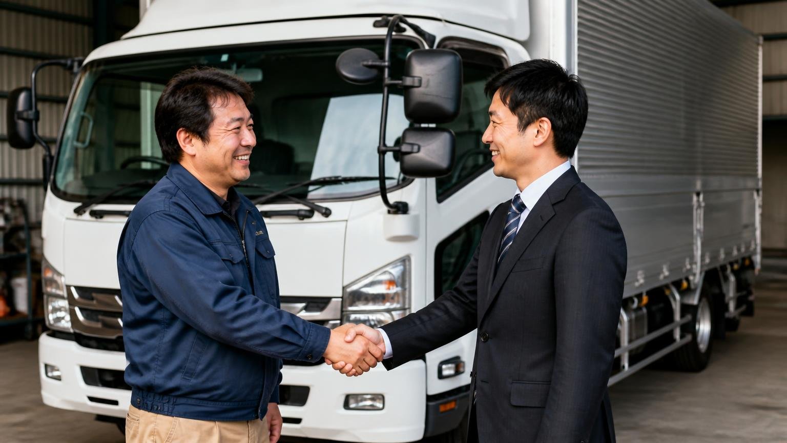トラック1バンの査定額が妥当か確かめたい人が比較相手に選んでいる買取業者|車庫で大型トラックの前に並び笑顔で握手する男性2人