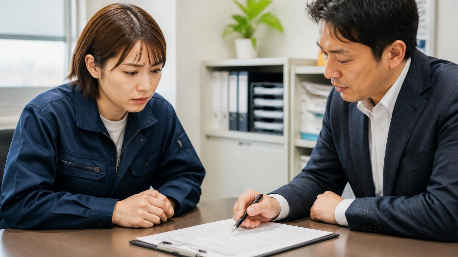 名義変更の完了連絡と入金日を契約前に約束する 事務所で契約書を前に入金日を確かめる運送会社の女性と査定士の2人 慎重な表情