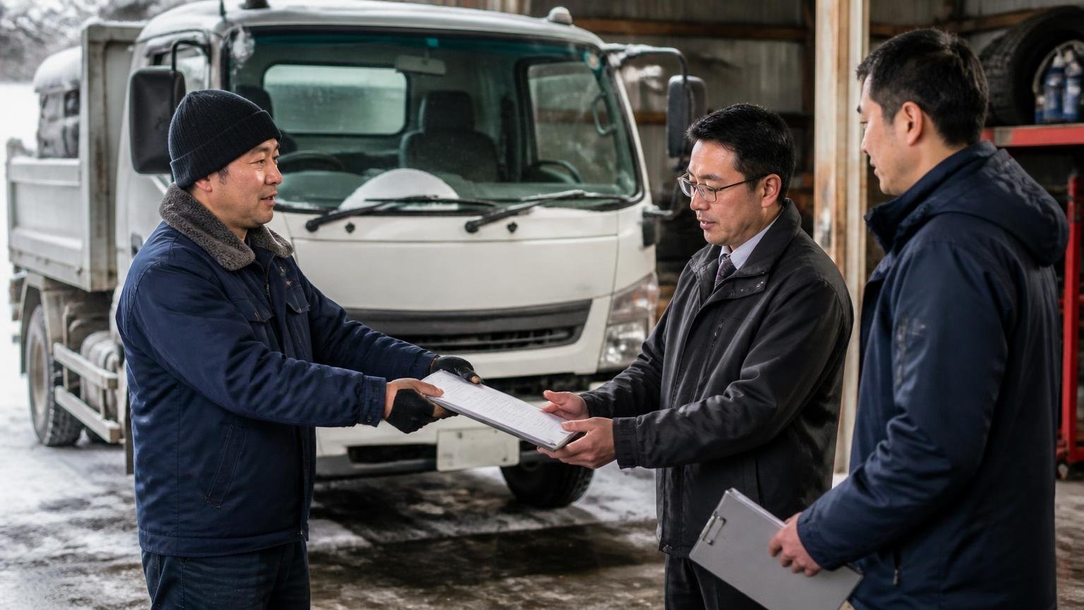 4WD・冬装備・架装・整備記録を伝える 雪の残る車庫で4WDの2tトラックの前に立ち整備記録簿を査定員に手渡す中年ドライバーと査定員2人