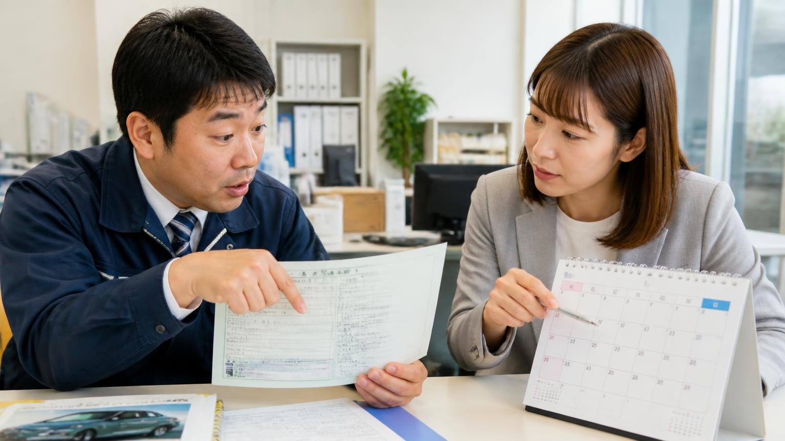 売るタイミングは「車検切れ前」と「年度末前」を意識する｜営業所の事務所で車検証とカレンダーを見比べ、日付を指さして相談する男女2人