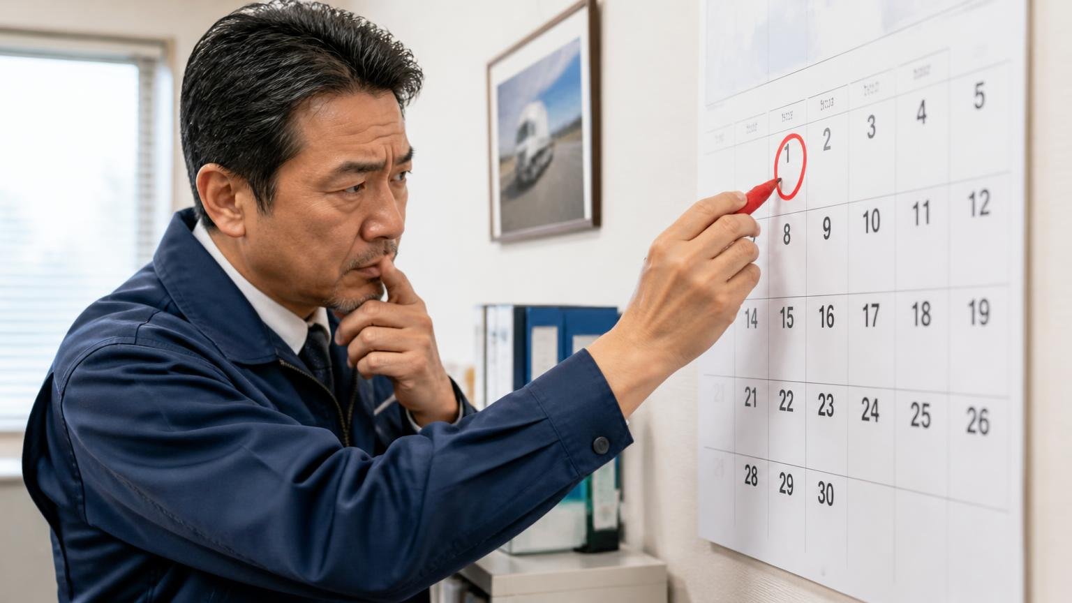売る時期は「次の車両」と「4月1日」から逆算する 事務所の壁のカレンダーの前で運送会社の社長が4月1日に丸をつけて考え込む