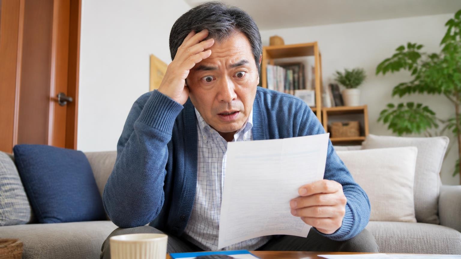 名義変更の時期と税金・保険・リサイクル料金の扱いを確かめる、自宅の居間で届いた通知書を手に青ざめる50代男性