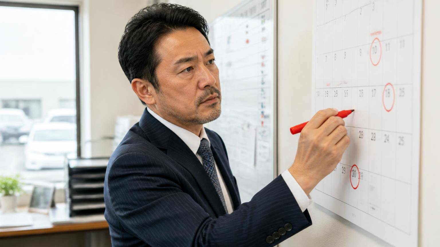 売る時期は「決算期」の噂より、車検・税金・次の車両の予定で考える|事務所の壁のカレンダーに丸をつける40代男性の社長