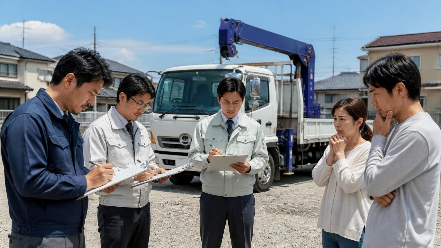 同じ条件・同じ日程で見積書をもらって比べる。空き地のユニック車の前で3社の査定員が紙に金額を書き家族が固唾をのむ
