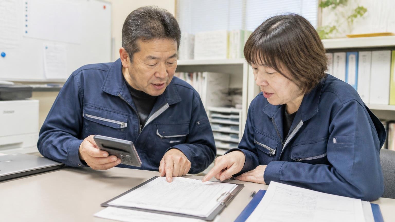 自動車税・自賠責・リサイクル料金の扱いを見積書で確かめる:事務所のテーブルで夫婦で営む運送会社の2人が電卓を片手に見積書の項目を指さし合う