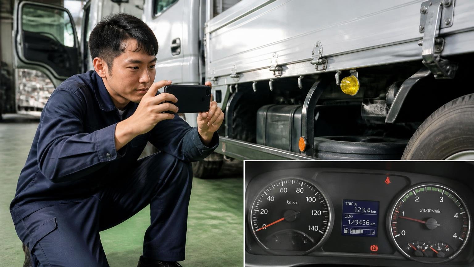 写真やLINE査定では「前提」を正確に伝える 車庫でトラックのメーターと荷台をスマホで撮影する若い男性ドライバー