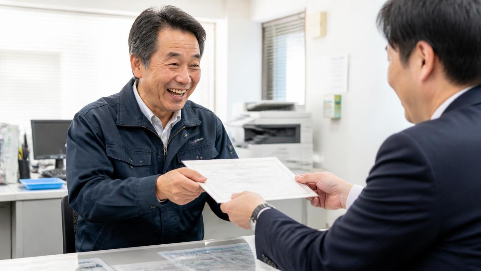 名義変更が終わったことを、書面で確かめる 営業所の事務所で新しい車検証のコピーを受け取り笑顔になる運送会社の社長