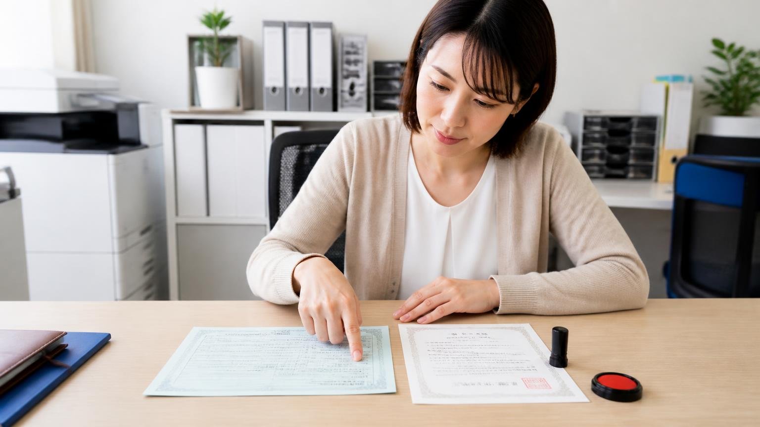 必要書類を先にそろえておく、事務所の机に車検証と印鑑証明書を並べて指さし確認する30代女性
