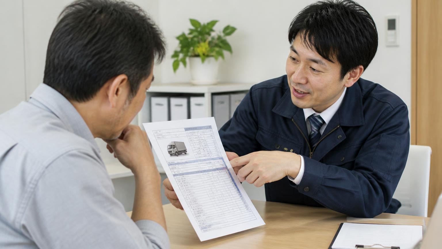 リサイクル料金相当額が見積もりのどこに入っているか確認する｜事務所でトラックの見積書を指さし説明する査定士と男性の2人