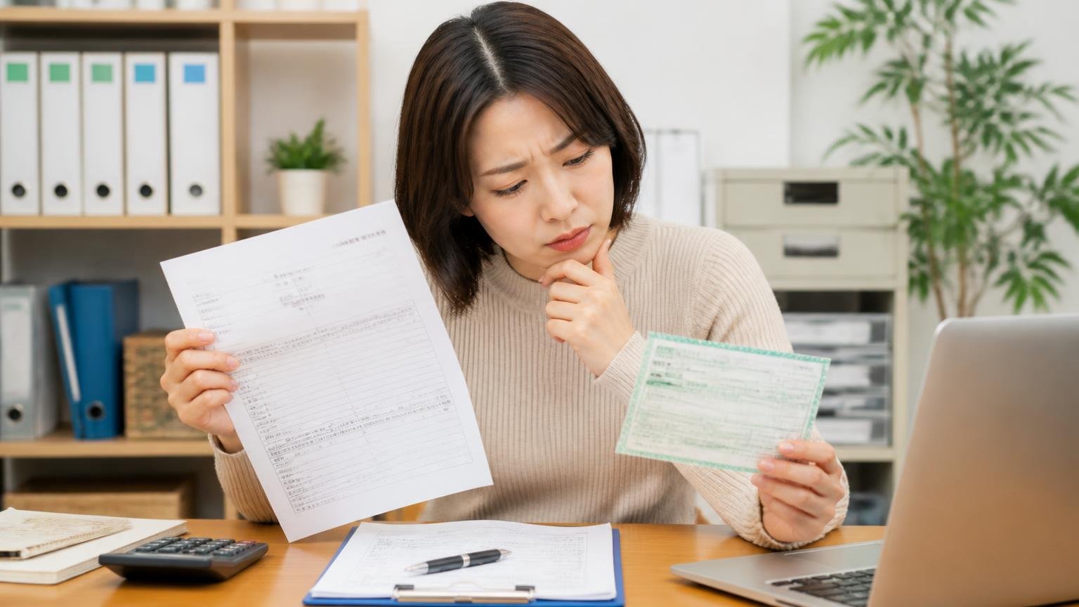 リサイクル料金相当額が見積もりのどこに入っているか確認する|事務所で見積書とリサイクル券を並べて見比べる女性1人