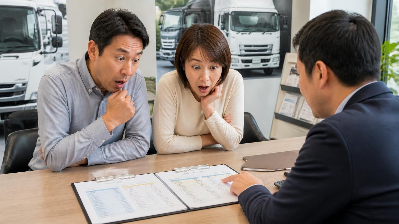 ディーラー下取りとも並べてから決める(トラック販売店の商談席で下取りと買取の見積書を見比べて驚く40代の男女2人)