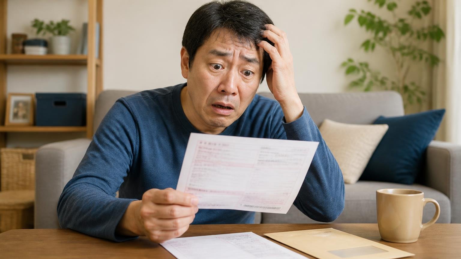 名義変更や税金の扱いを確認していなかった|自宅の居間で届いたトラックの自動車税の納税通知書を手に困り顔の元の持ち主1人