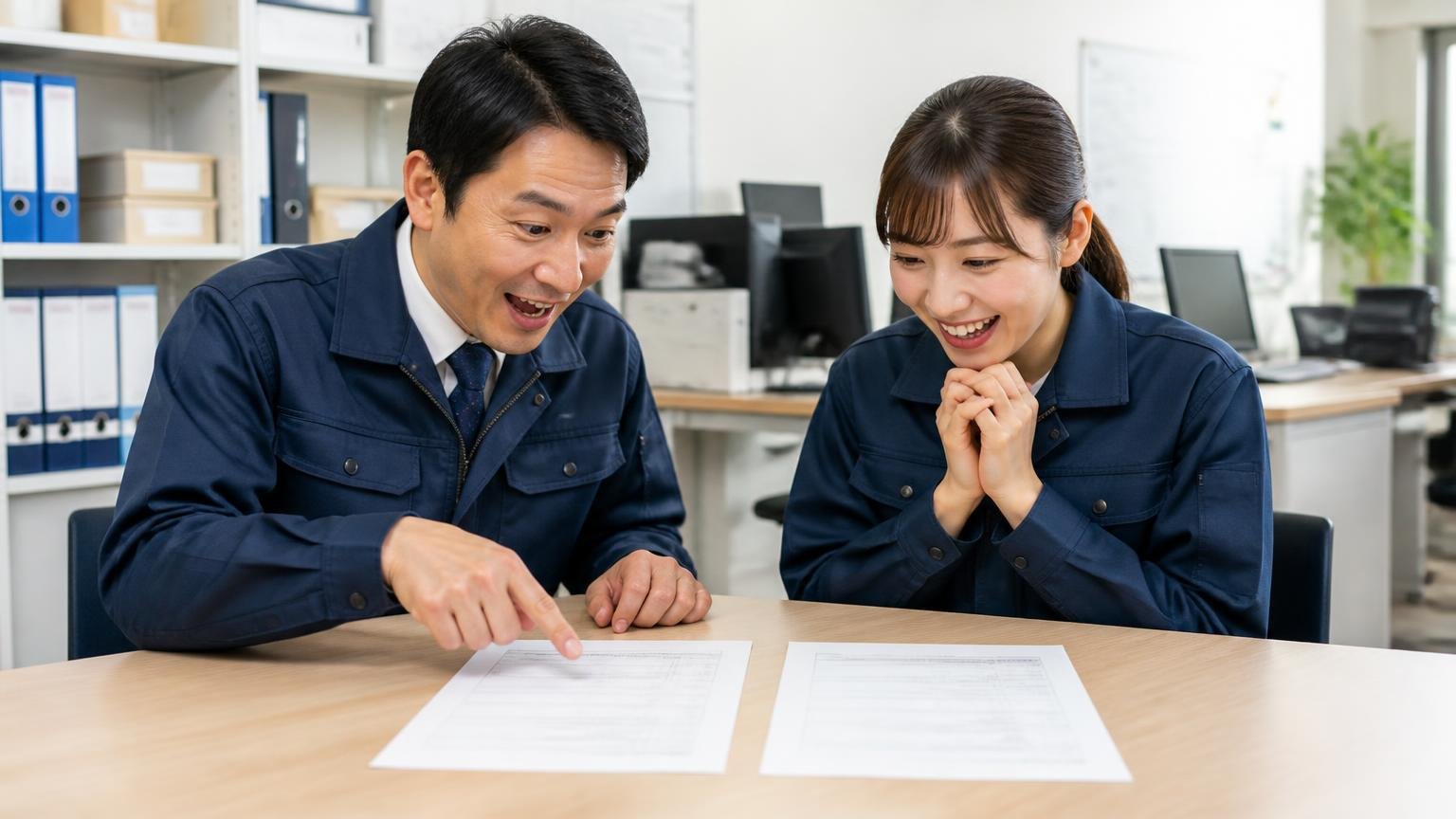 地場業者1社と全国対応の買取業者の無料査定を並べる 事務所で2枚の見積書を並べて比べ笑顔になる運送会社の男女2人