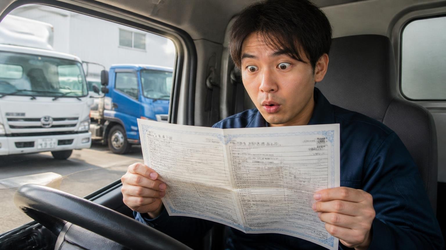 ローンが残っているトラックは車検証の所有者欄を先に見る、トラックの運転席で車検証を広げて目を丸くする若い男性