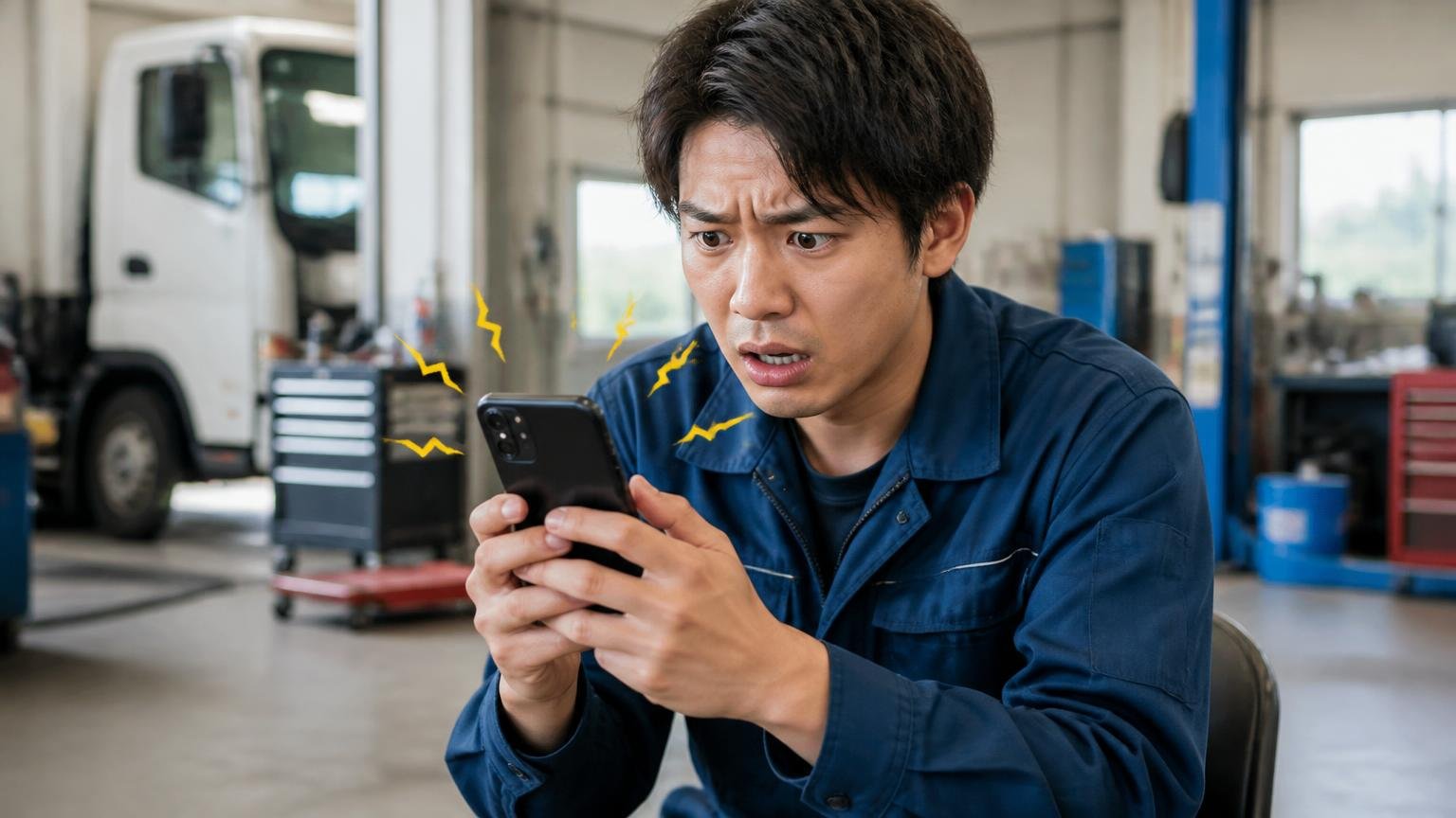 一括査定の電話ラッシュを防ぐ|作業場で鳴り続けるスマホを両手で持って困り顔になる若い男性ドライバー