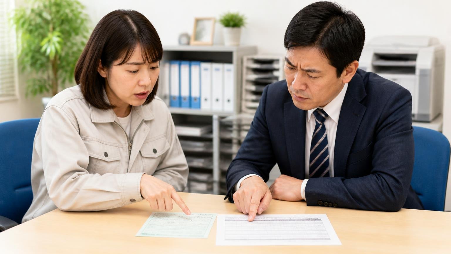 リサイクル料金相当額が見積もりに入っているか 事務所でリサイクル券と見積書を並べて指さし比べる女性1人と男性1人
