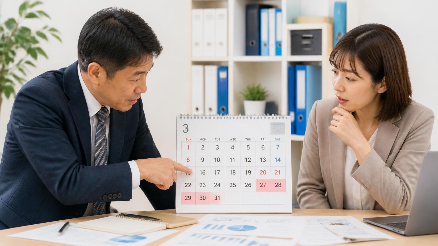 売るなら「月末」と「3月下旬」の駆け込みを避けて早めに動く、事務所で3月のカレンダーを指さして予定を立てる40代男性と30代女性