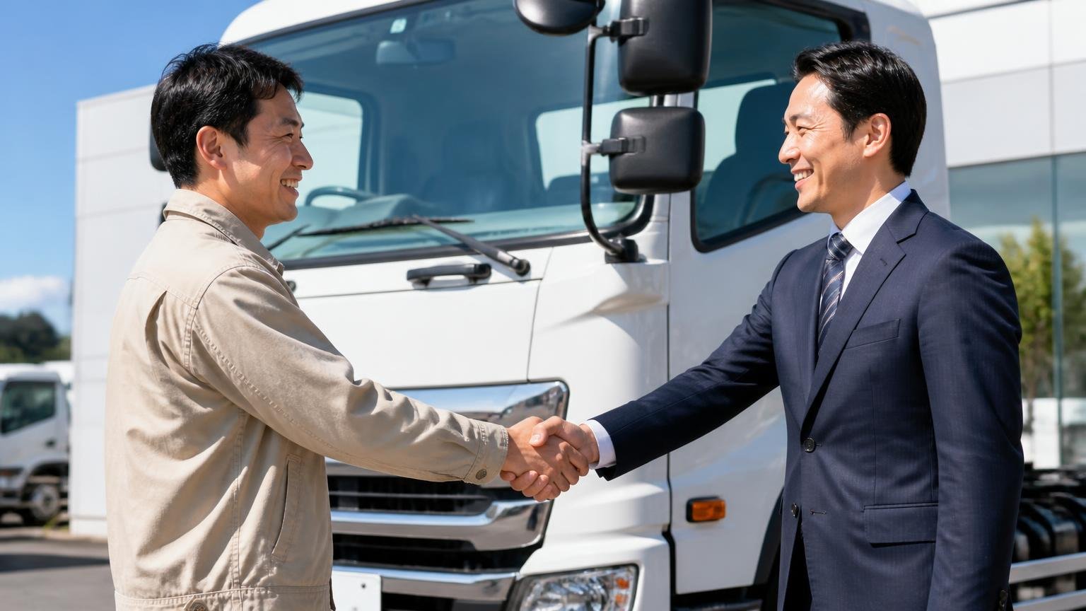 ディーラー下取りが向いている人もいる|販売店の新車トラックの前で担当者と握手する男性1人と担当者1人