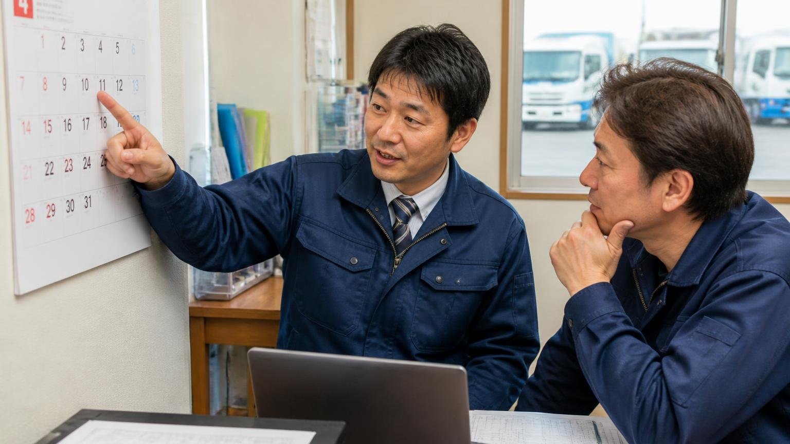売るタイミングは車検の残りと4月1日を目安に決める 事務所の壁のカレンダーを指さしながらトラックの入れ替え時期を相談する2人