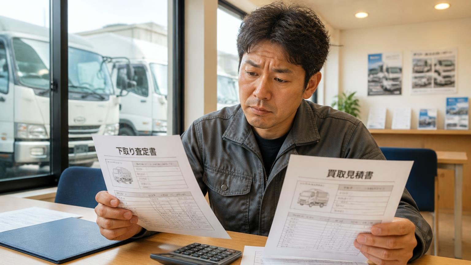 ディーラー下取りの金額も並べて比べる トラック販売店の商談席で下取り査定書と買取見積書を見比べる個人事業主の男性1人