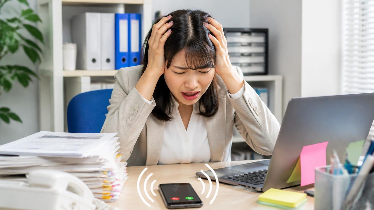 営業電話が不安なら、申込みの時点で連絡方法を指定する、事務所で鳴り続けるスマホを前に頭を抱える女性