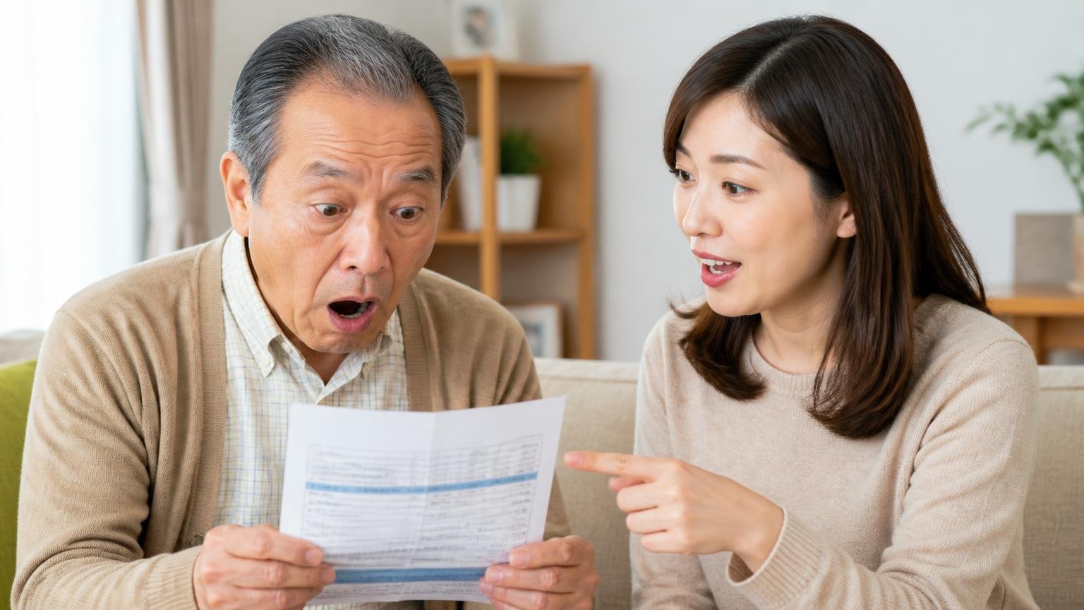 名義変更の完了を確認する|自宅の居間で届いた納税通知書を手に目を丸くする高齢の男性と説明する娘