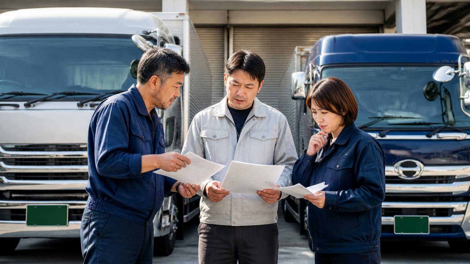複数社の査定を同じ条件で取る 車庫に並ぶ2台のトラックの前で3人が書類を見比べながら話し合う