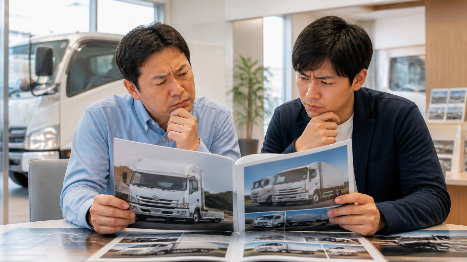 ディーラー下取り・一括査定は「向いている人」が使えばいい 販売店の商談席で新車のトラックのカタログを見る男性2人 迷う表情