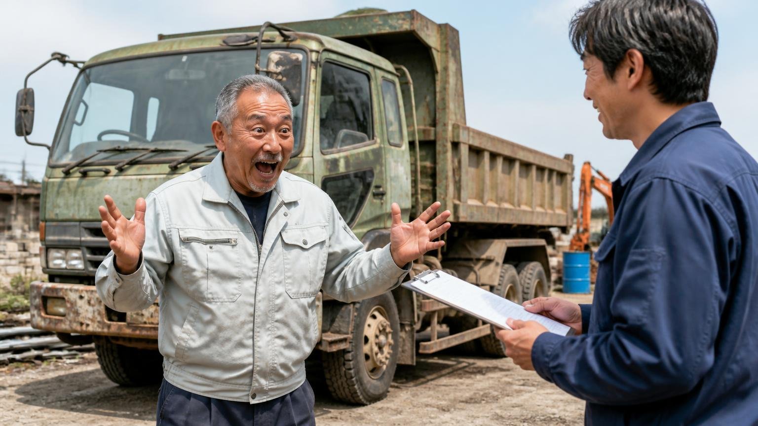 古い・過走行・不動車でも諦めない 資材置き場の古い大型ダンプの前で、査定額を聞いて目を丸くして喜ぶ建設会社の年配の男性