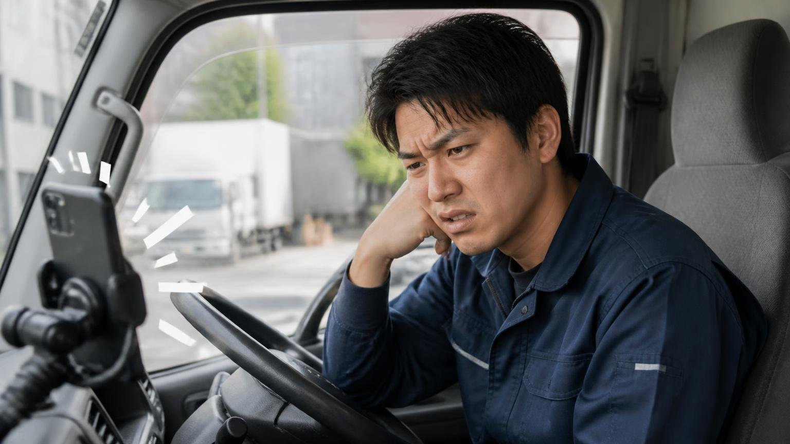 営業電話が心配なら連絡手段と申込先を絞る、配送の合間にトラックの運転席で鳴り続けるスマホを見つめる20代男性のうんざりした表情