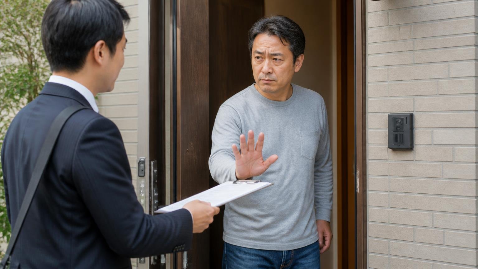 その場で契約せず、キャンセルの条件を先に確認する:自宅の玄関先で営業担当が書類を差し出し、中年の男性が手のひらを向けて落ち着いて待ったをかける