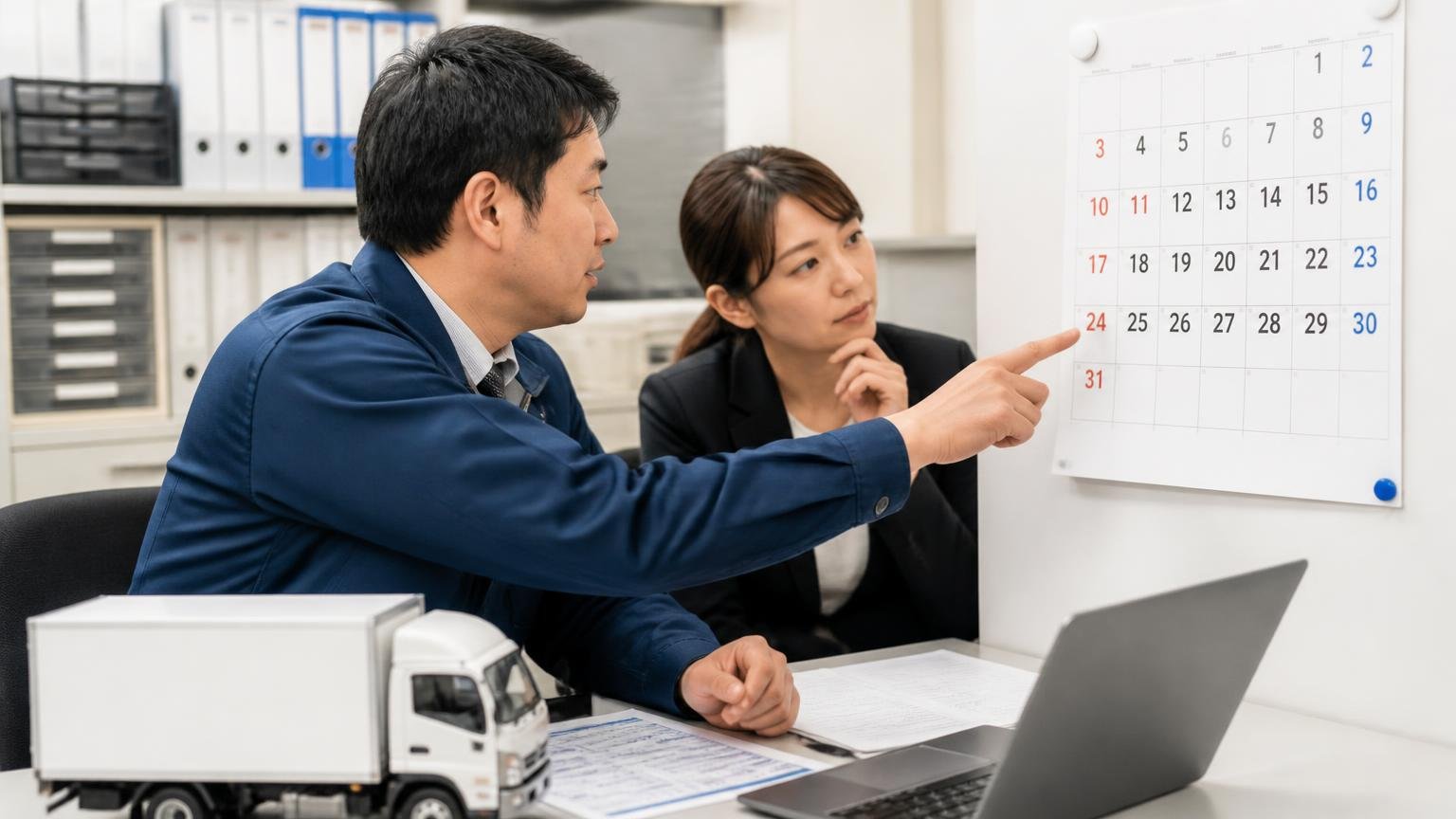 3月の駆け込みは避け、余裕をもって動く 年度末の事務所でカレンダーを指さしトラック売却の予定を相談する男女2人