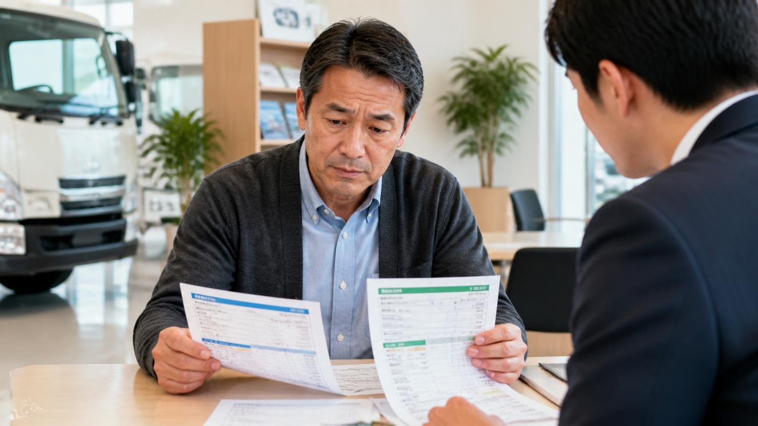 ディーラー下取りや手放し方の選択肢も比べておく、トラックディーラーの商談スペースで下取りと買取の見積書を見比べる50代男性