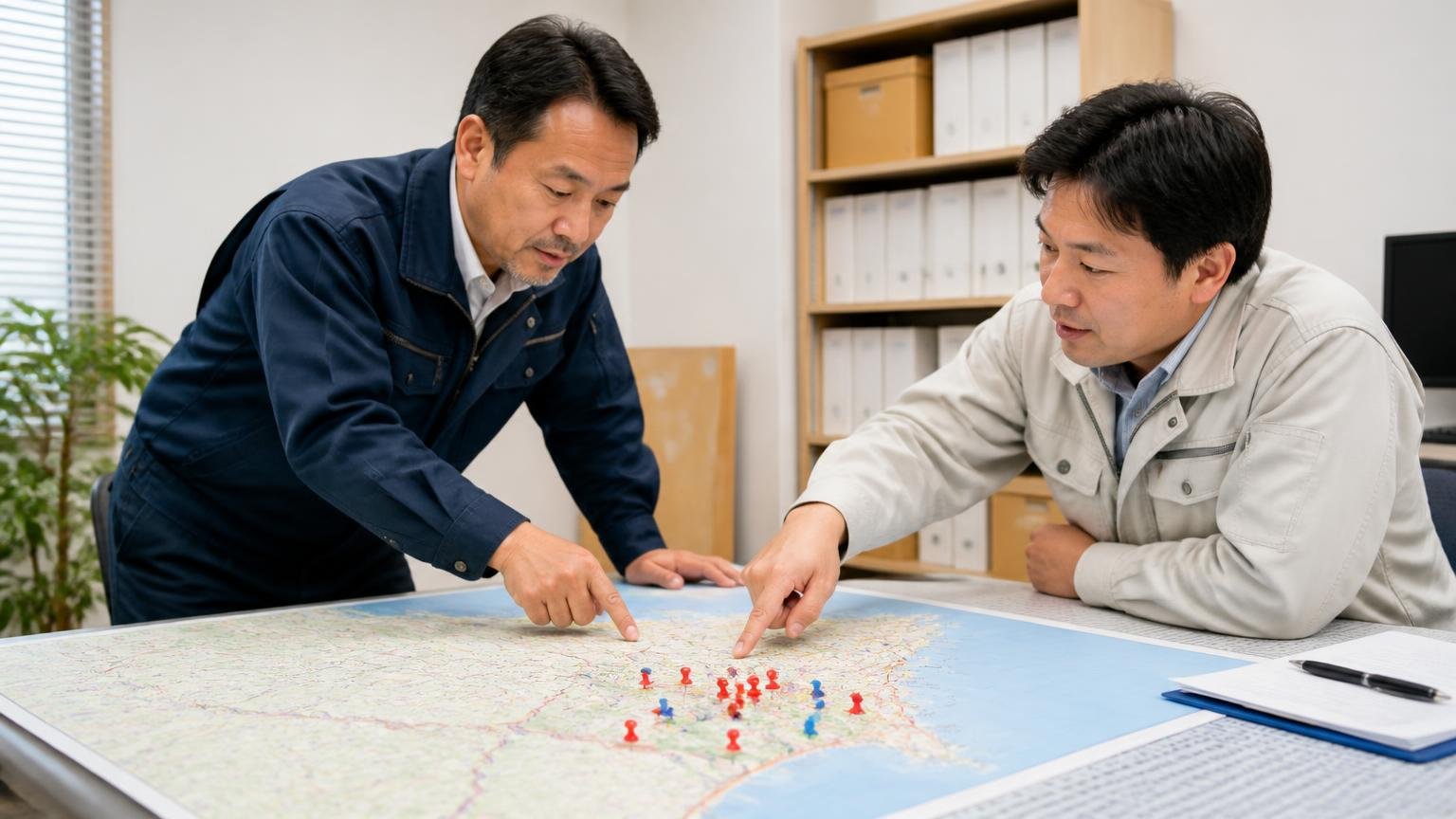 出張査定は関東近郊で公開実績20件のうち18件が神奈川県、地図を広げた事務所で男性2人が指をさして話し合う場面