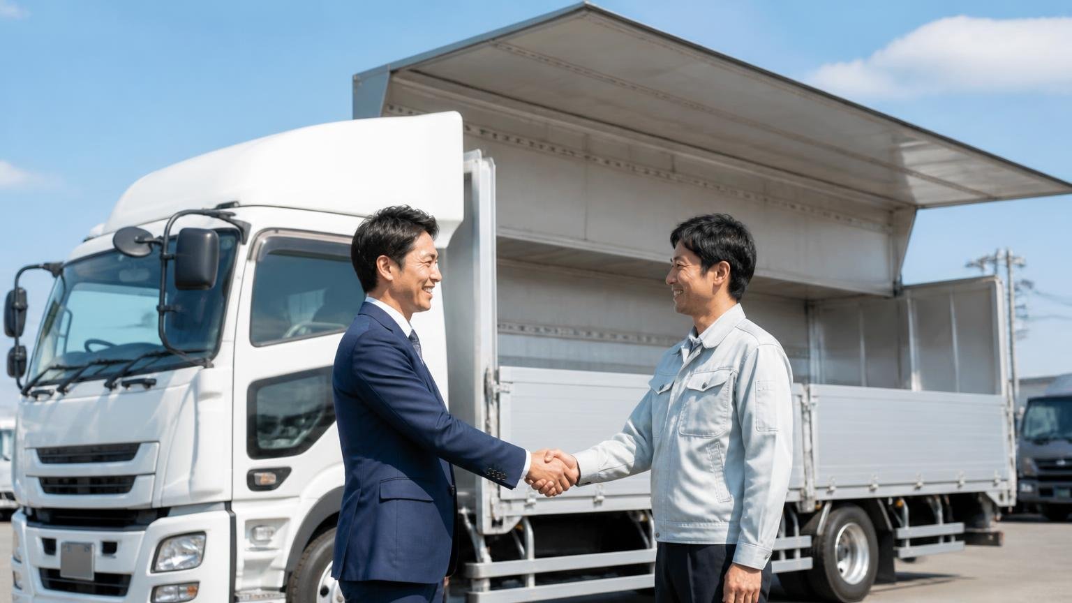 ウィングエムが向いている人・展示場に積車で運ばれてきた4tウイングの前で握手する男性2人